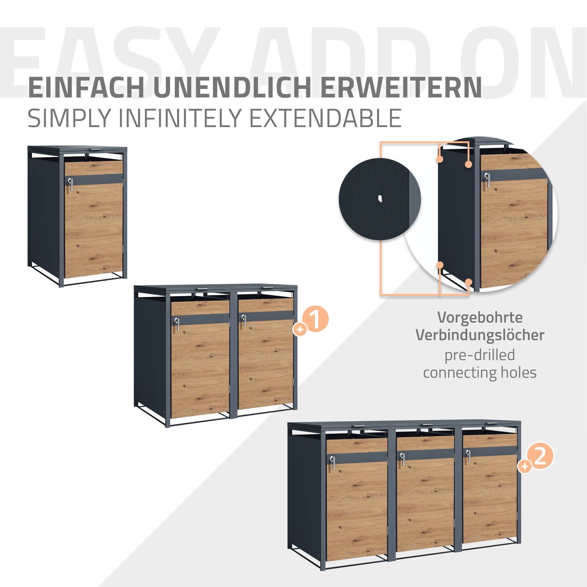 Abri pour 3 poubelles 200x80x116,3 cm capacité de 60L à 240L anthracite/aspect chêne acier couvercle rabattable/3 portes résistant aux intempéries - Image 6