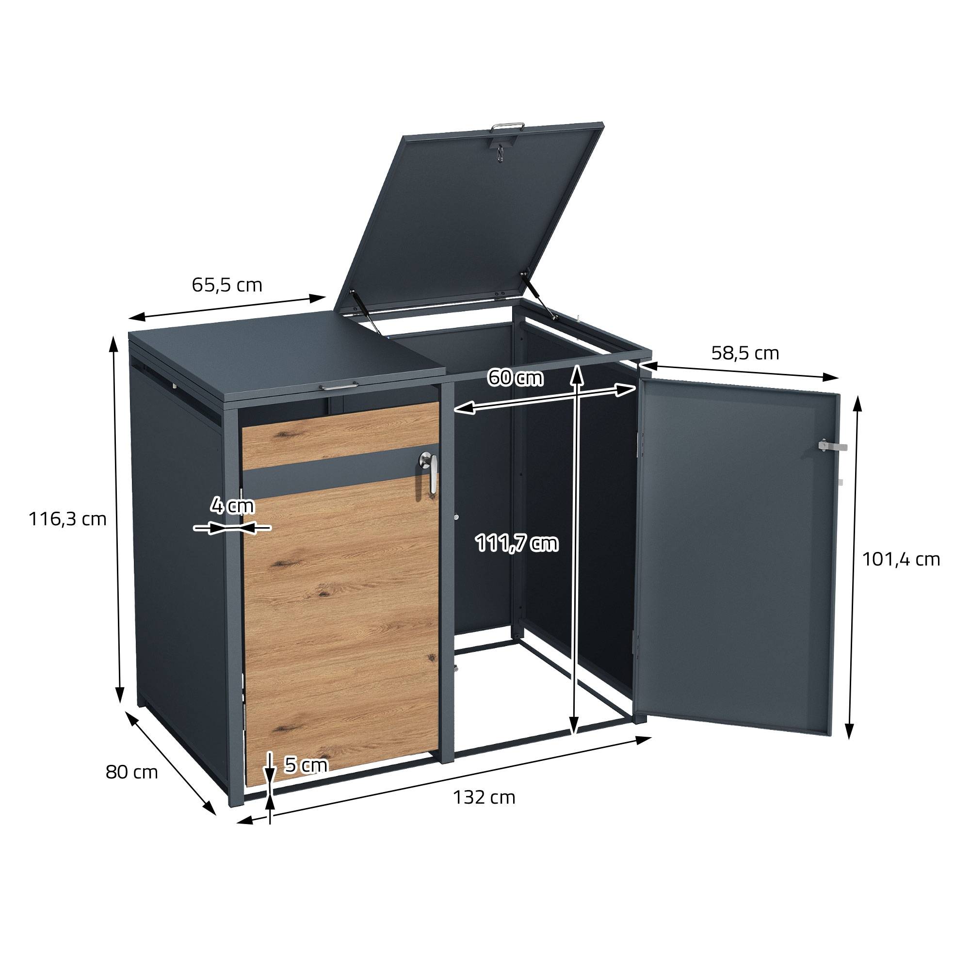 Abri pour 3 poubelles 200x80x116,3 cm capacité de 60L à 240L anthracite/aspect chêne acier couvercle rabattable/3 portes résistant aux intempéries - Image 8