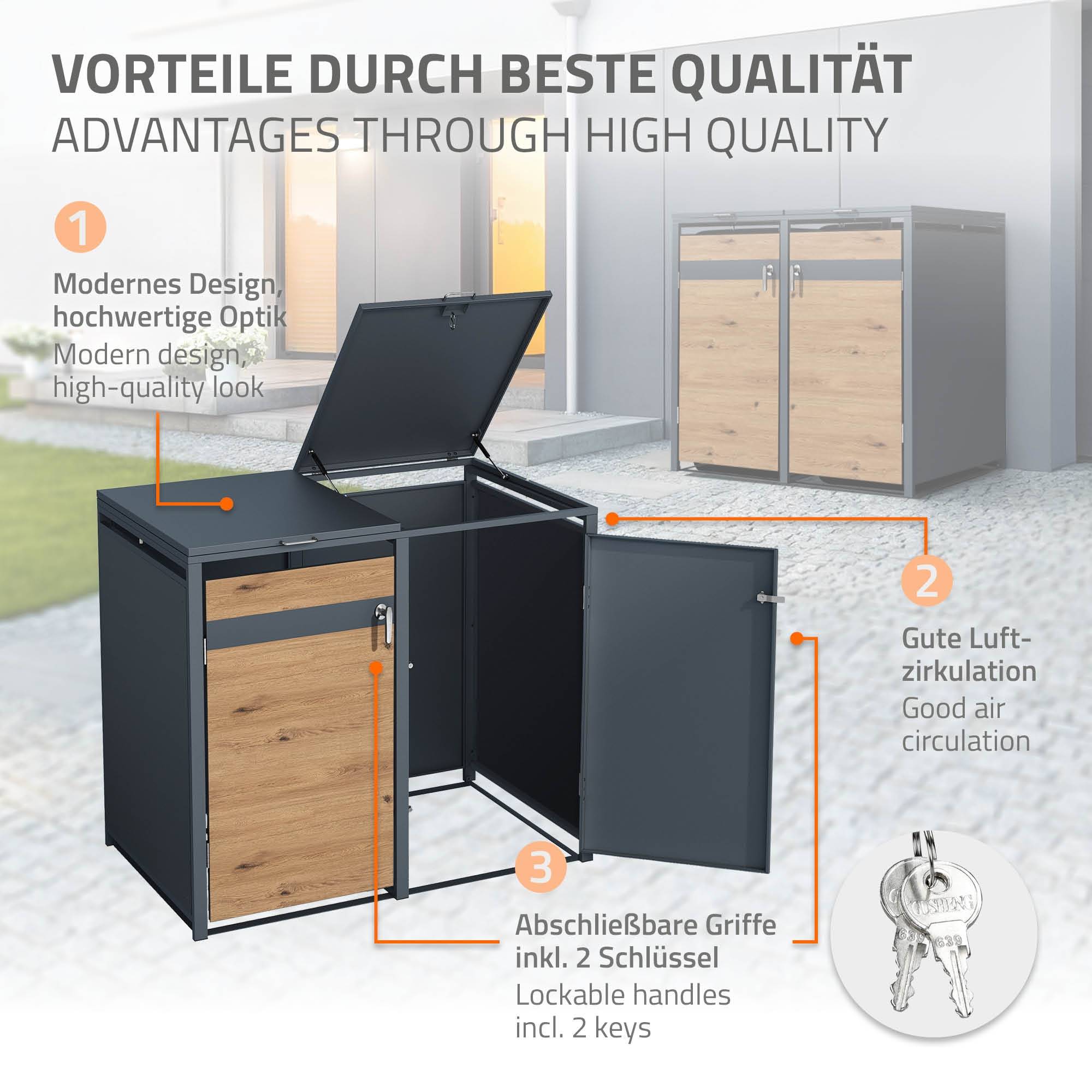 Abri pour 3 poubelles 200x80x116,3 cm capacité de 60L à 240L anthracite/aspect chêne acier couvercle rabattable/3 portes résistant aux intempéries - Image 3