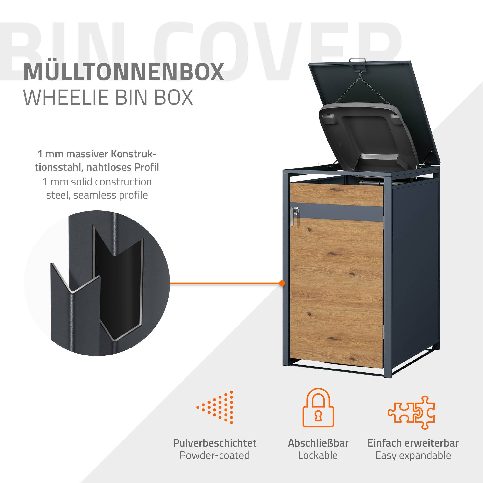 Abri pour 3 poubelles 200x80x116,3 cm capacité de 60L à 240L anthracite/aspect chêne acier couvercle rabattable/3 portes résistant aux intempéries - Image 2