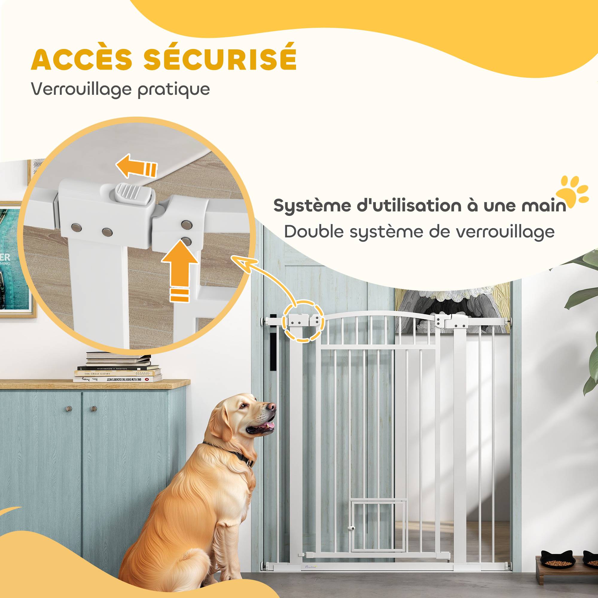 Barrière extra haute acier chiens maison avec chatière intégrée 104x106cm blanc - ComfortXL Outdoor Living - Image 8