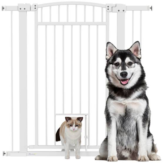Barrière extra haute acier chiens maison avec chatière intégrée 104x106cm blanc - ComfortXL Outdoor Living - Image 1