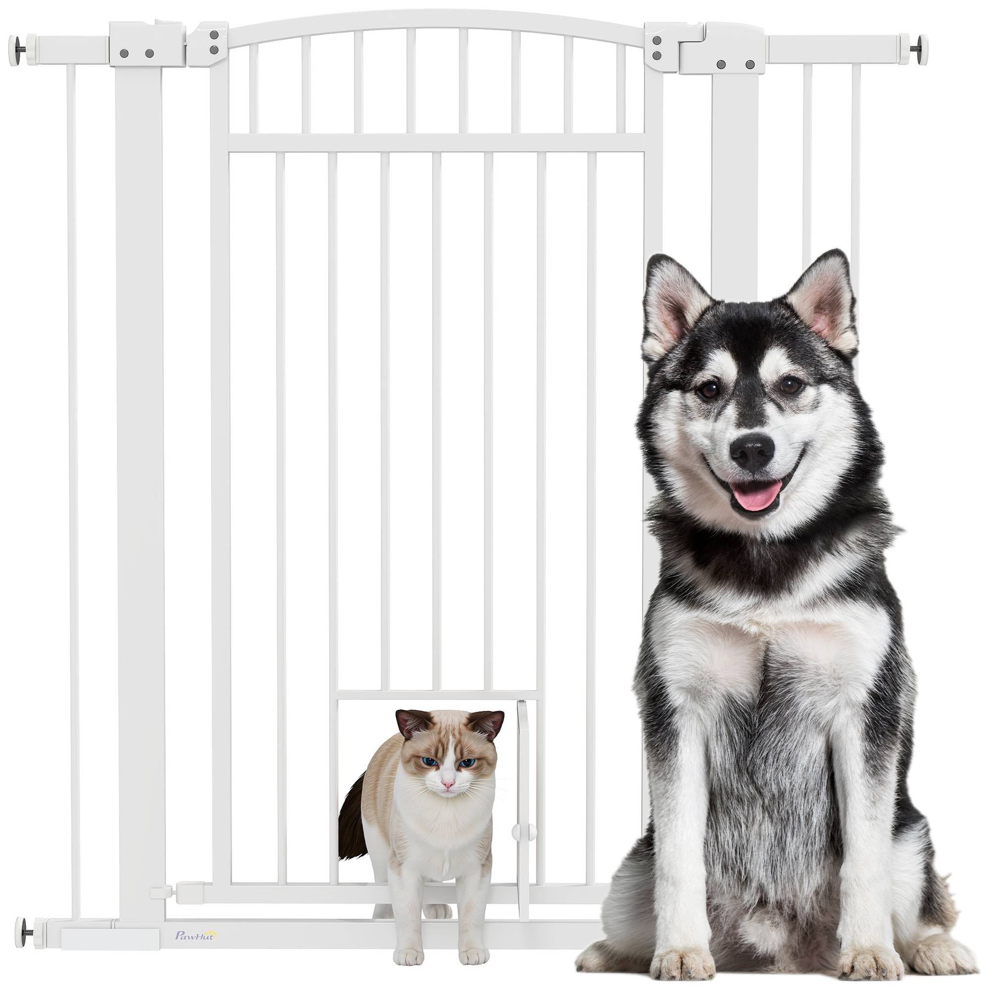 Barrière extra haute acier chiens maison avec chatière intégrée 104x106cm blanc - ComfortXL Outdoor Living - Image 1