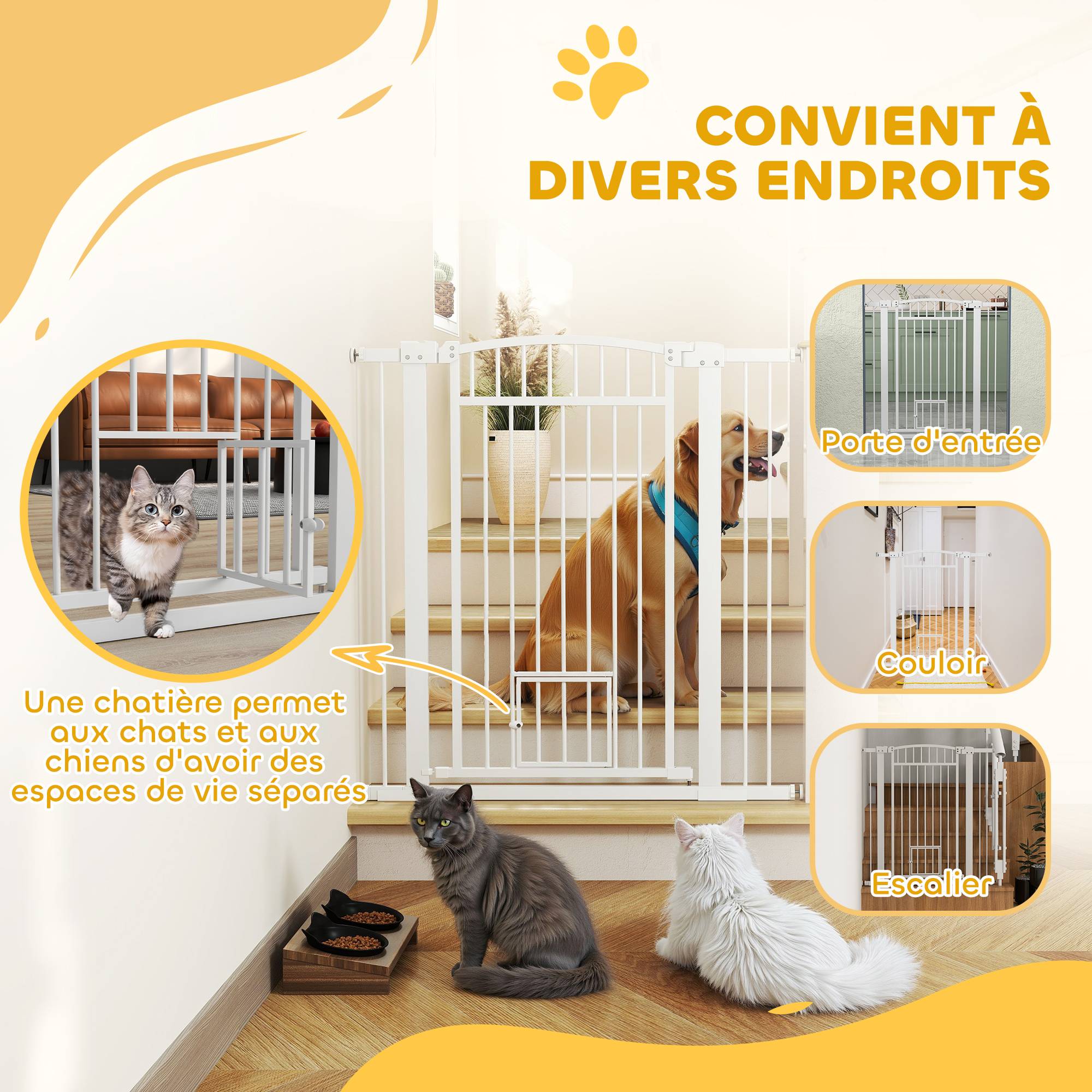 Barrière extra haute acier chiens maison avec chatière intégrée 104x106cm blanc - ComfortXL Outdoor Living - Image 9