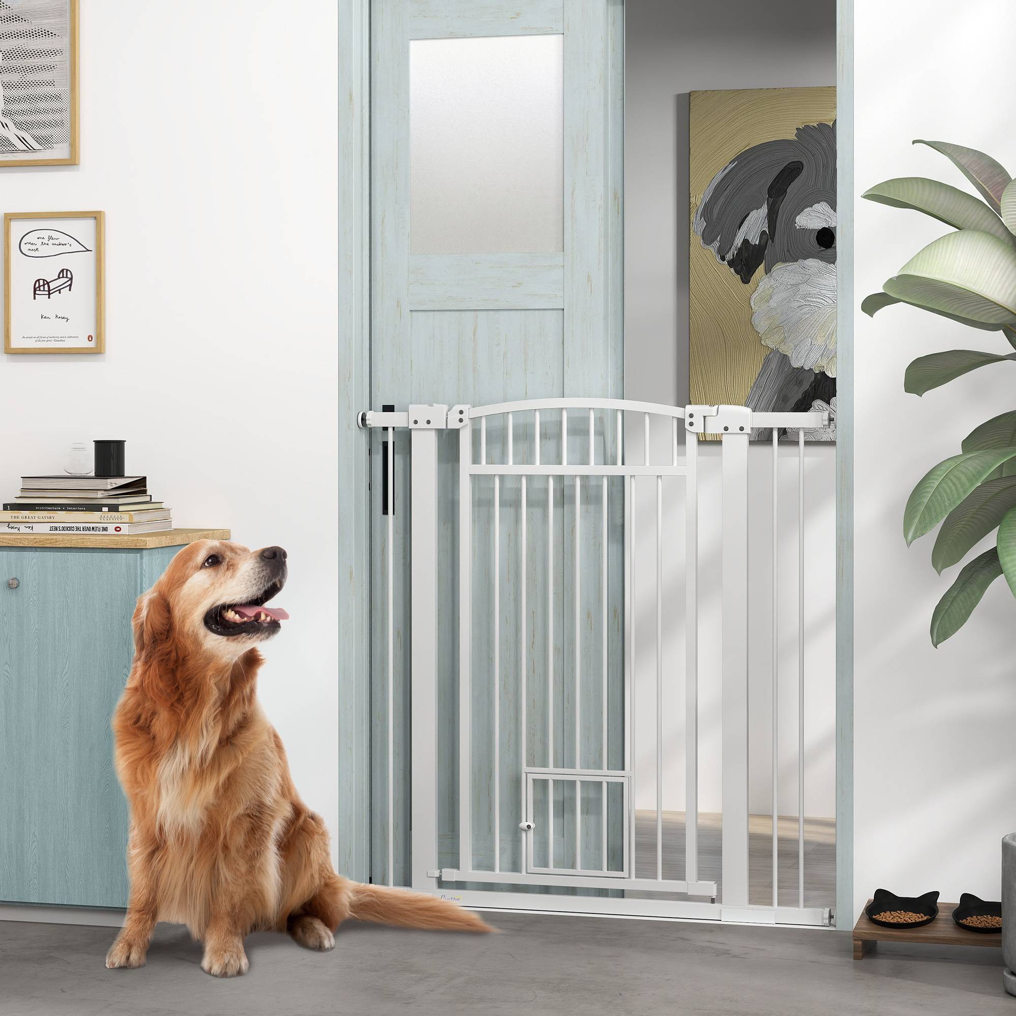 Barrière extra haute acier chiens maison avec chatière intégrée 104x106cm blanc - ComfortXL Outdoor Living - Image 4