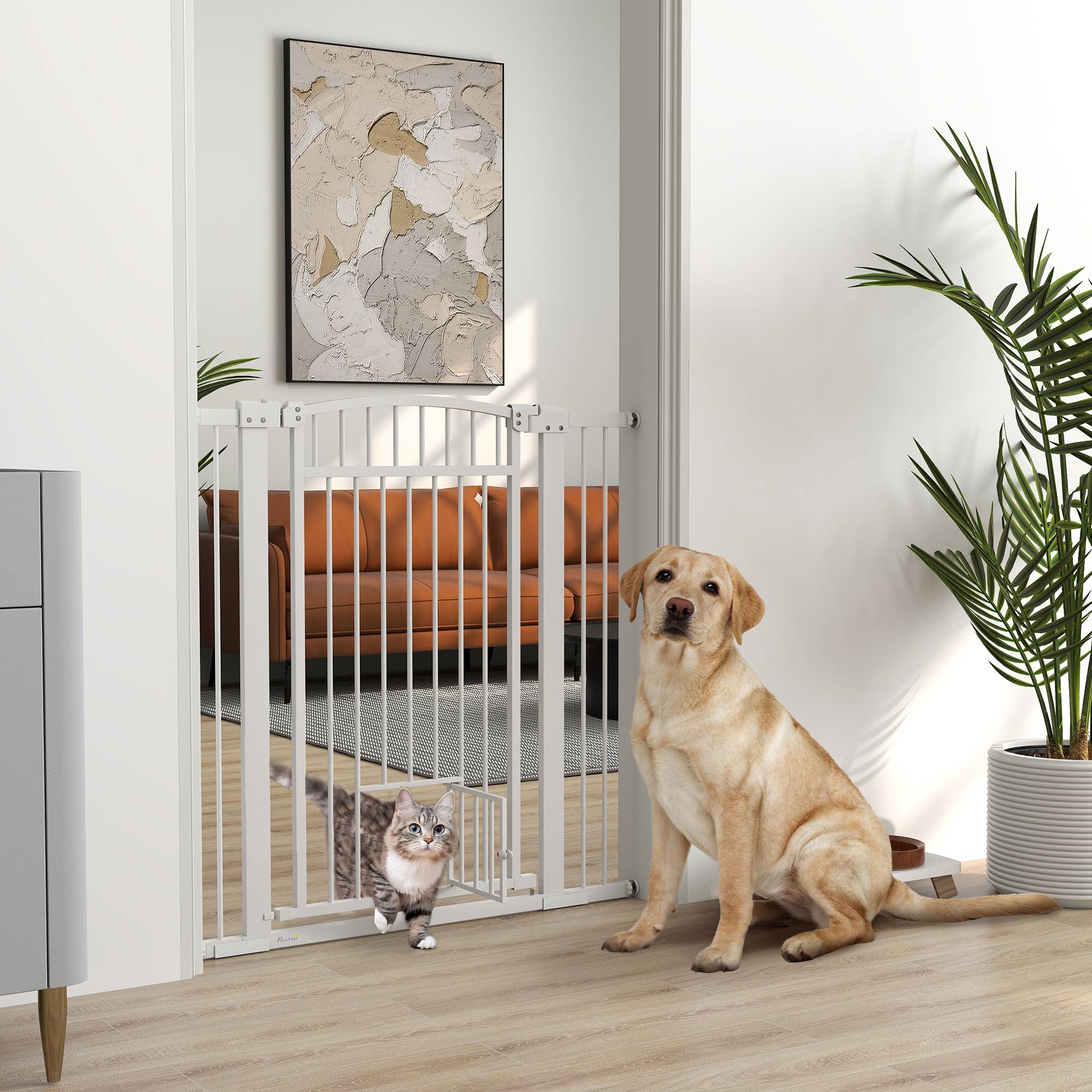 Barrière extra haute acier chiens maison avec chatière intégrée 104x106cm blanc - ComfortXL Outdoor Living - Image 3