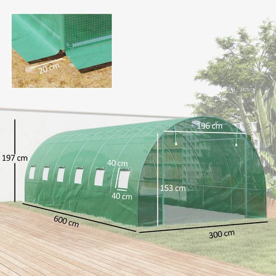 Serre Tunnel Jardin 18m² Acier et PE Vert 600x300cm Portes Enroulables - ComfortXL Outdoor Living - Image 3