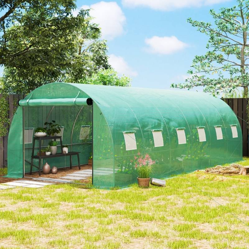 Serre Tunnel Jardin 18m² Acier et PE Vert 600x300cm Portes Enroulables - ComfortXL Outdoor Living