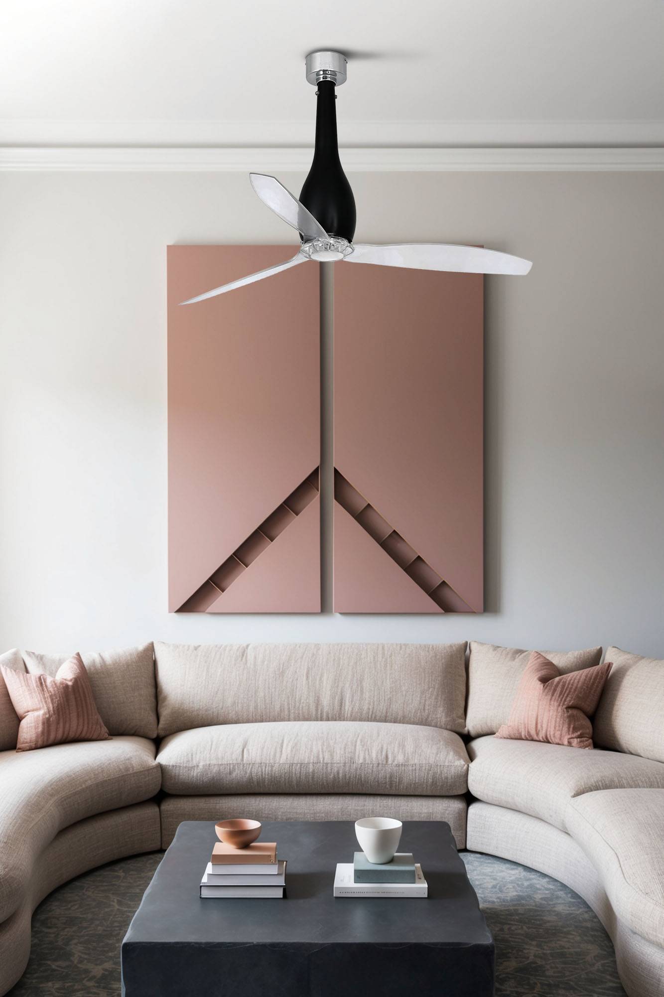 Ventilateur plafond acier noir mat pales polycarbonate transparent DC 6 vitesses inverse telecom - Image 1