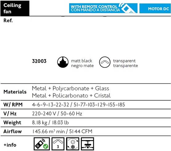 Ventilateur plafond acier noir mat pales polycarbonate transparent DC 6 vitesses inverse telecom - Image 3