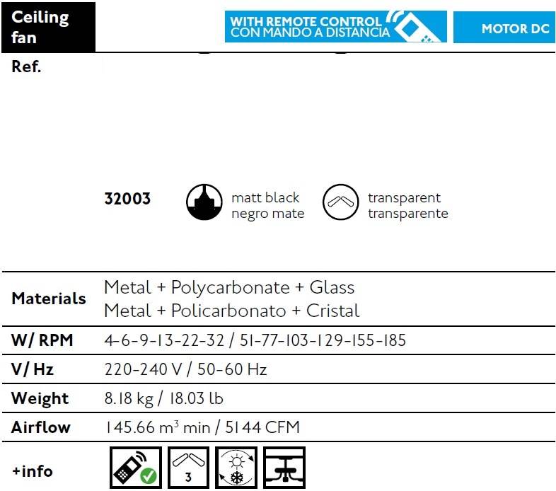 Ventilateur plafond acier noir mat pales polycarbonate transparent DC 6 vitesses inverse telecom - Image 3