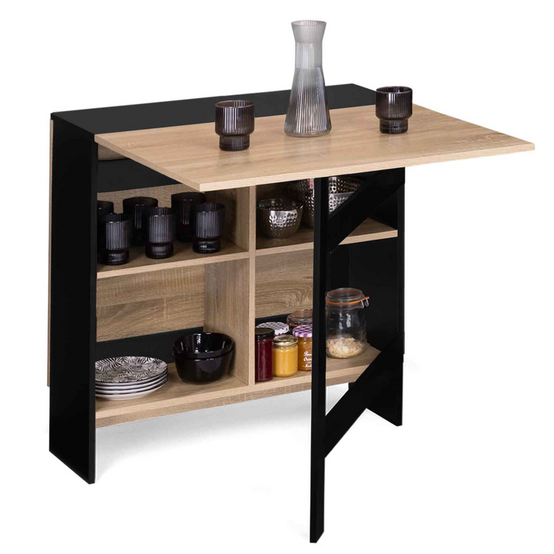 Table console pliable EDI 2-6 personnes avec rangements bois noir plateau façon hêtre 150 x 80 cm - Image 2