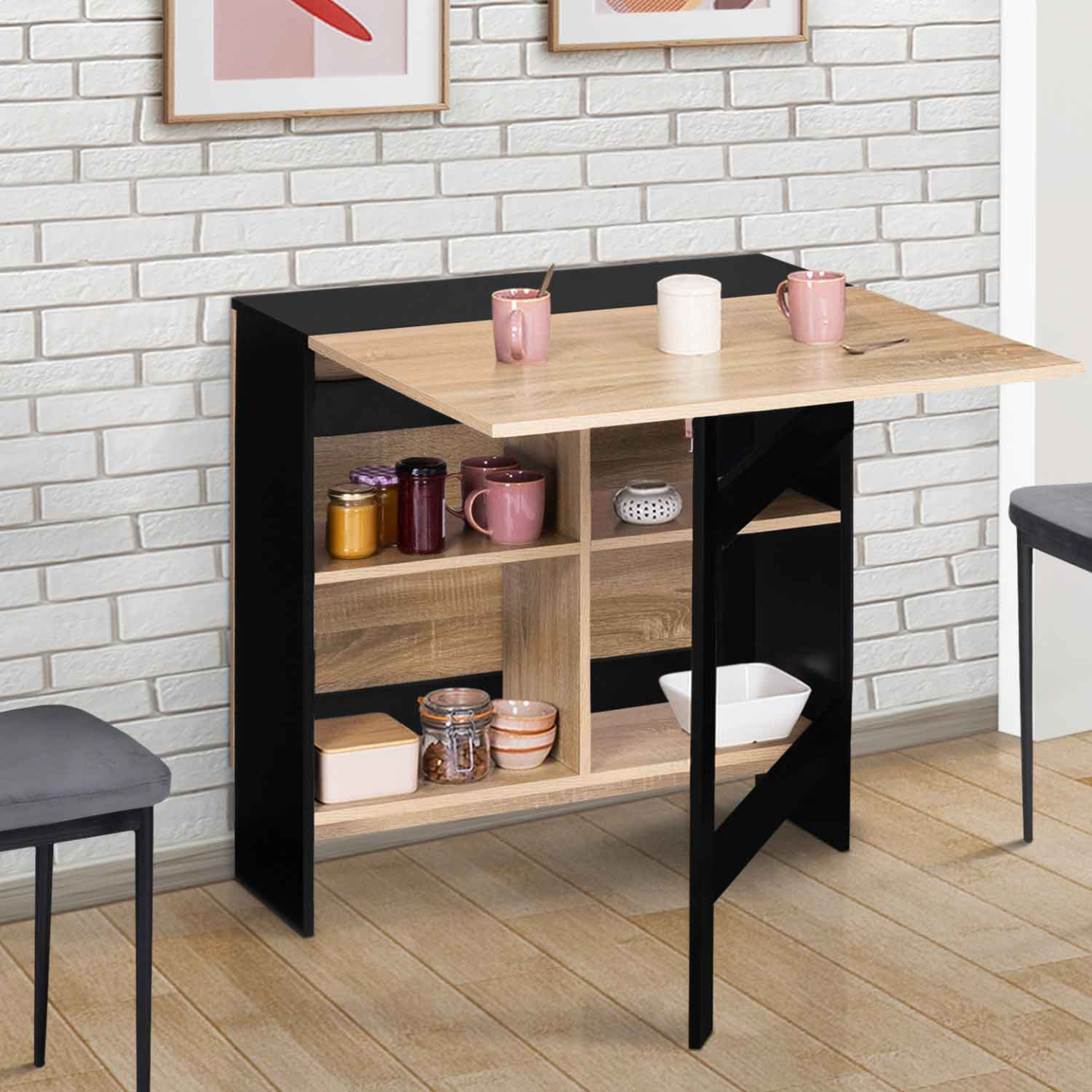 Table console pliable EDI 2-6 personnes avec rangements bois noir plateau façon hêtre 150 x 80 cm - Image 1