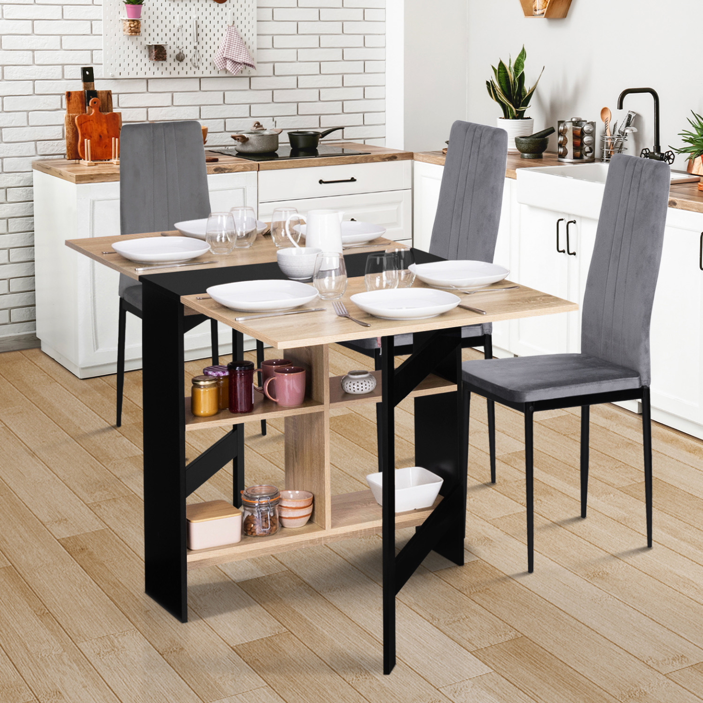 Table console pliable EDI 2-6 personnes avec rangements bois noir plateau façon hêtre 150 x 80 cm - Image 4