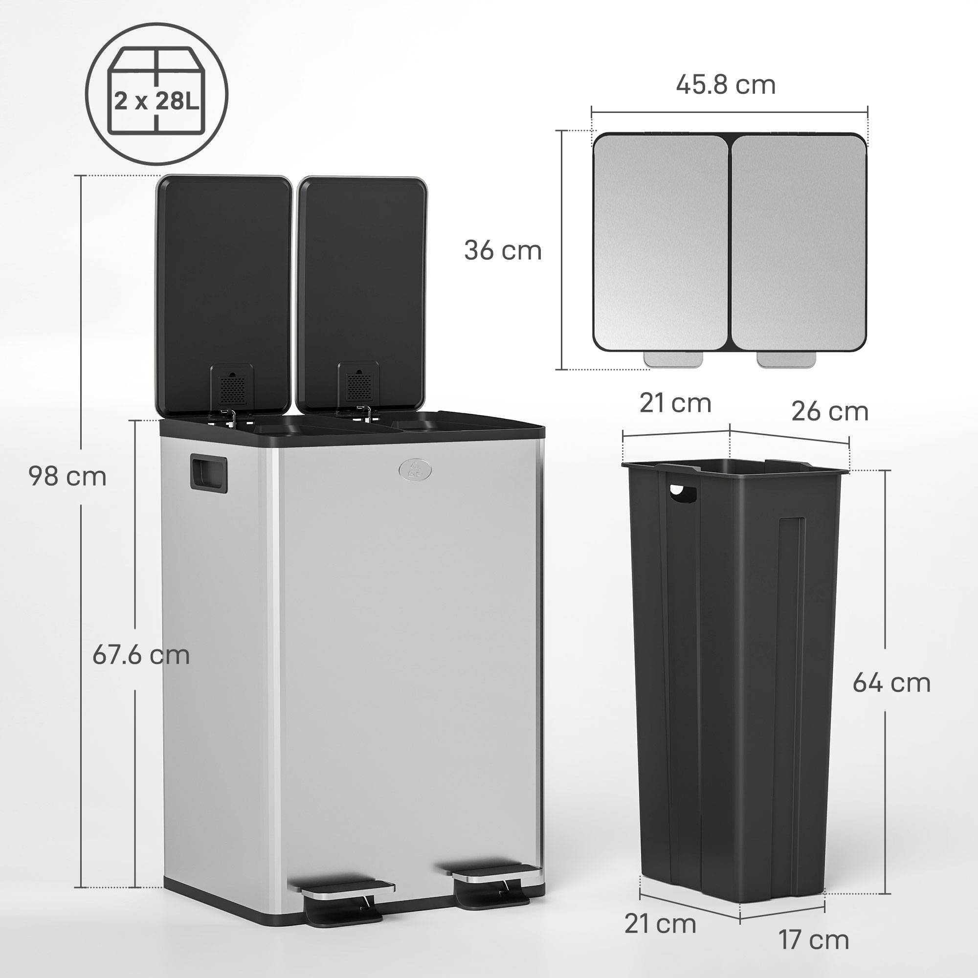 Sans Marque - Séparateur déchets 28 L 2 compartiments fermeture silencieuse acier inoxydable polypropylène 45,8x36x67,6 cm argent - Image 5
