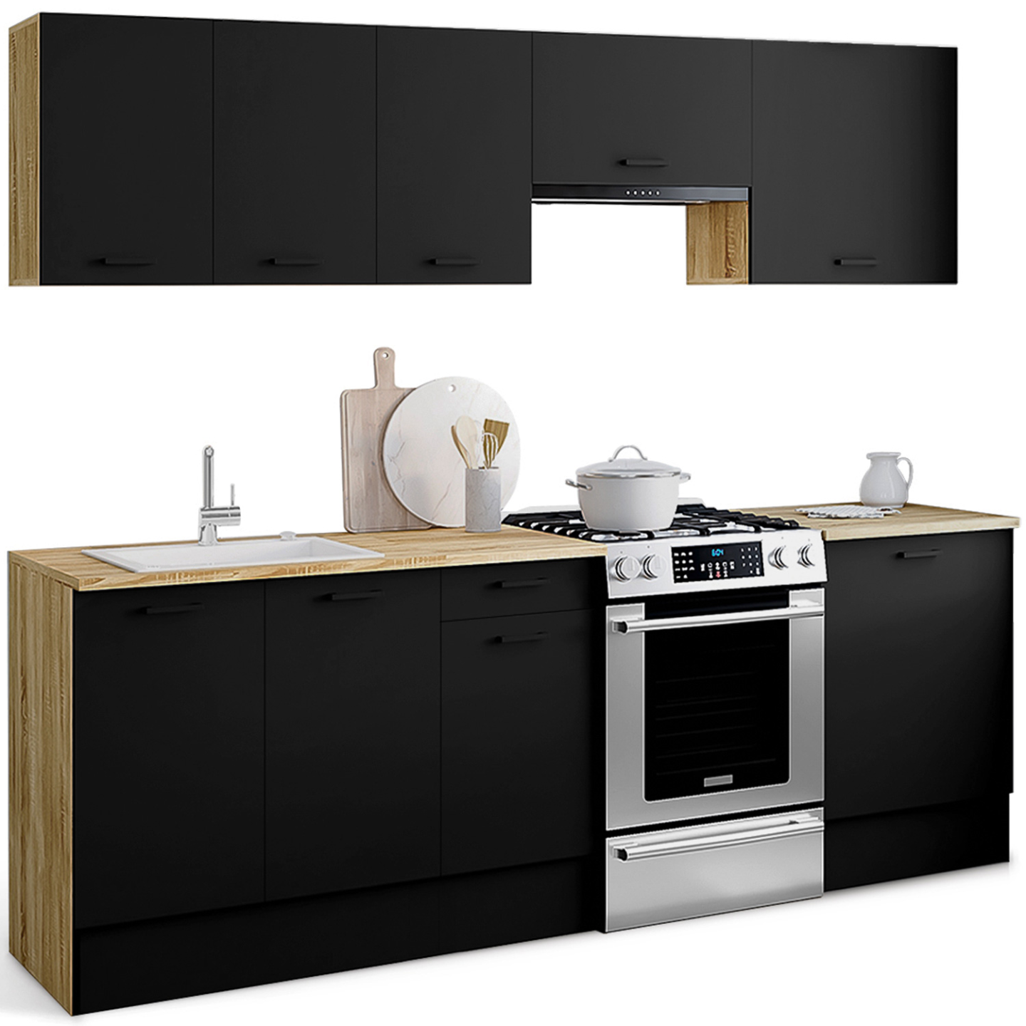 Cuisine complète 240 cm SUBTIL avec plan de travail 7 éléments bois et noir - Image 2