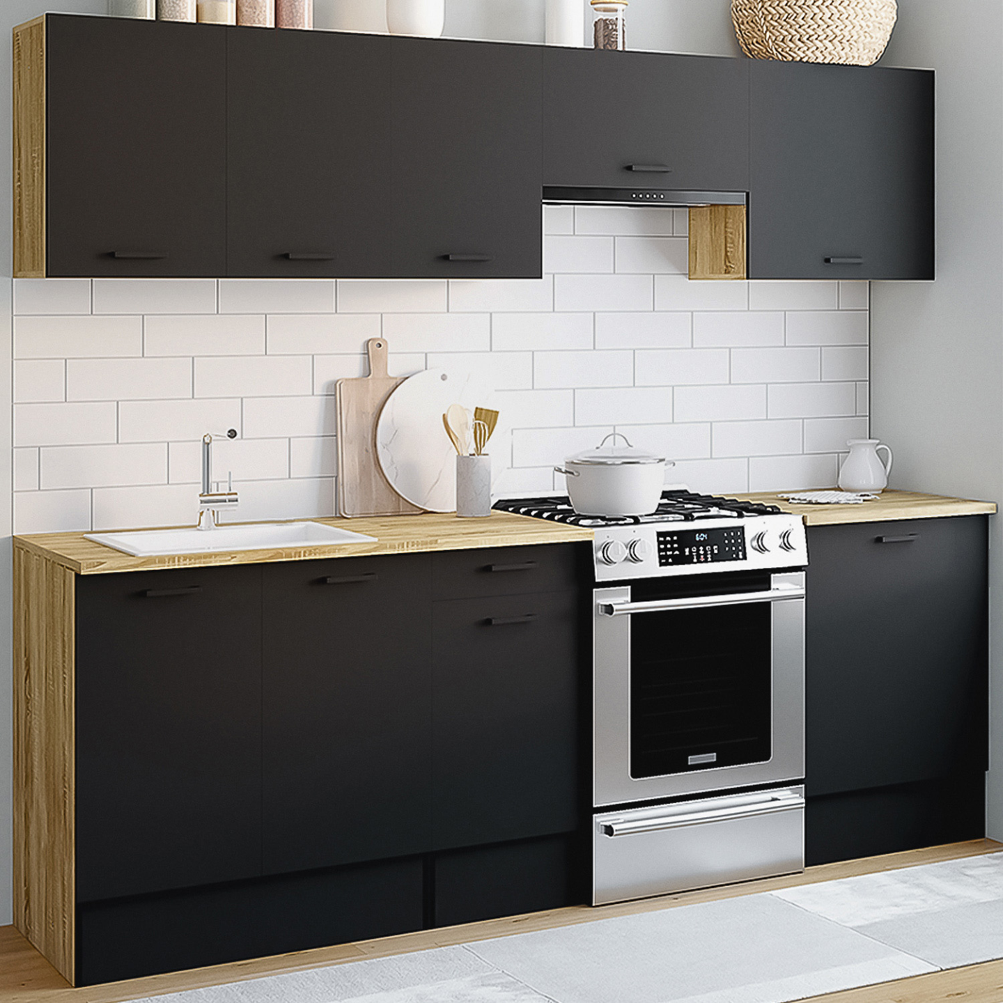 Cuisine complète 240 cm SUBTIL avec plan de travail 7 éléments bois et noir - Image 1