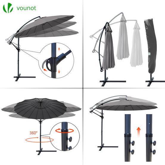 Vounot - Parasol déporté inclinable 3M avec housse de protection gris - 18 Baleines - Hauteur ajustable, inclinaison réglable, rotatif 360° - VOUNOT® - Image 5