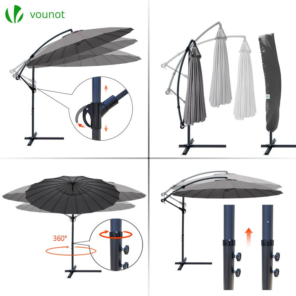 Vounot - Parasol déporté inclinable 3M avec housse de protection gris - 18 Baleines - Hauteur ajustable, inclinaison réglable, rotatif 360° - VOUNOT® - Image 5