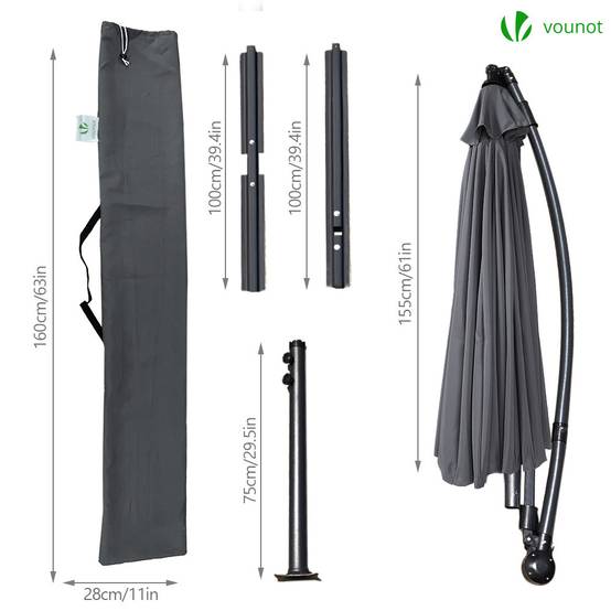 Vounot - Parasol déporté inclinable 3M avec housse de protection gris - 18 Baleines - Hauteur ajustable, inclinaison réglable, rotatif 360° - VOUNOT® - Image 7