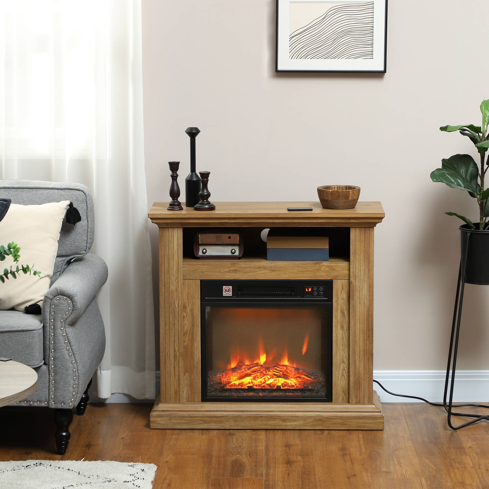 Cheminée électrique 1800 W avec flamme 3D, minuterie et télécommande, en bois, métal et verre, 81,5 x 30 x 76,2 cm, marron - Image 3