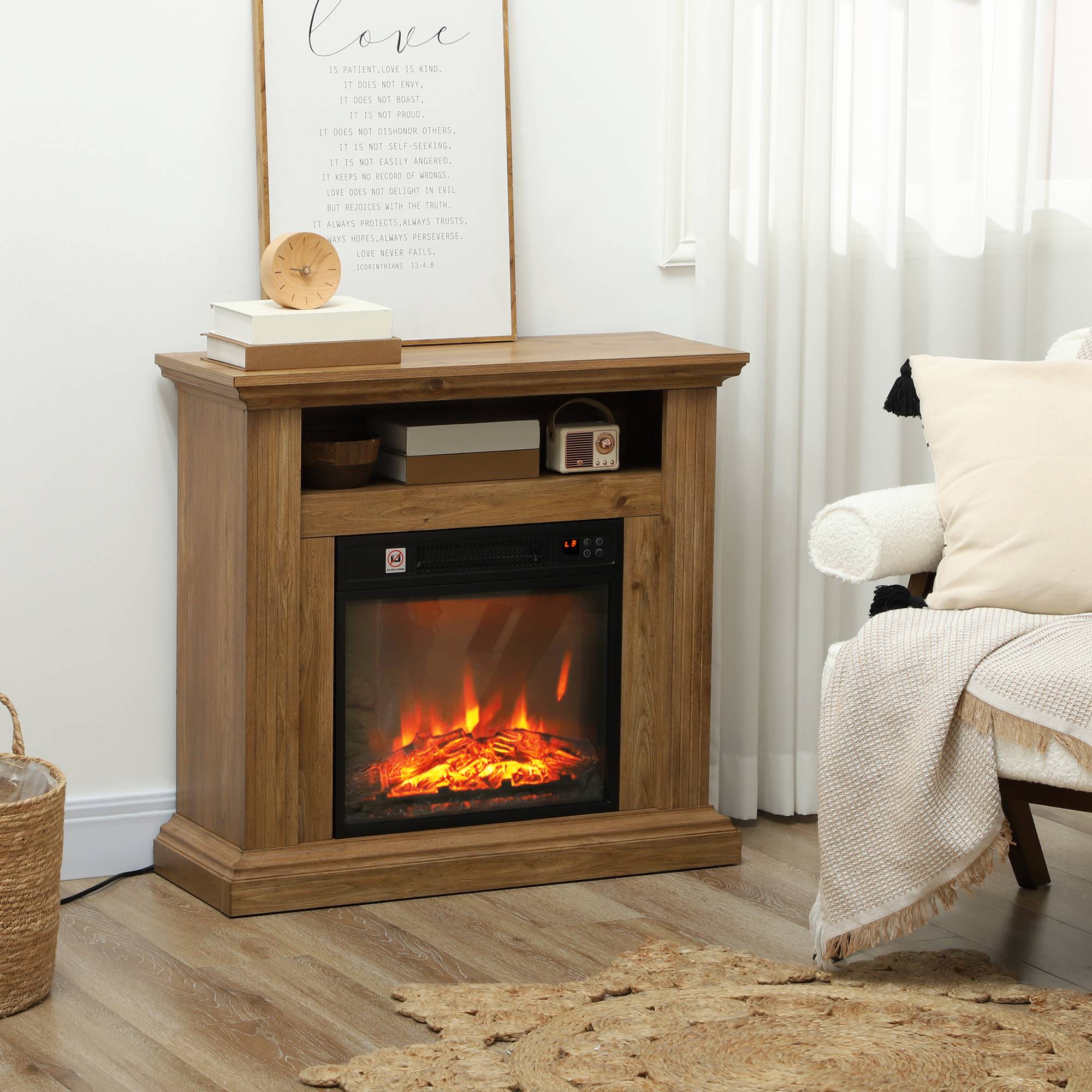 Cheminée électrique 1800 W avec flamme 3D, minuterie et télécommande, en bois, métal et verre, 81,5 x 30 x 76,2 cm, marron - Image 4