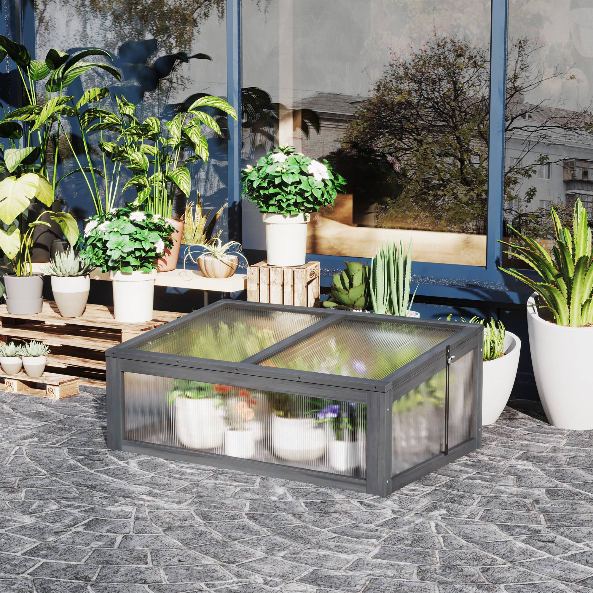 Mini serre bois terrasse protection hivernale 100x65x40cm gris - ComfortXL Outdoor Living - Image 4