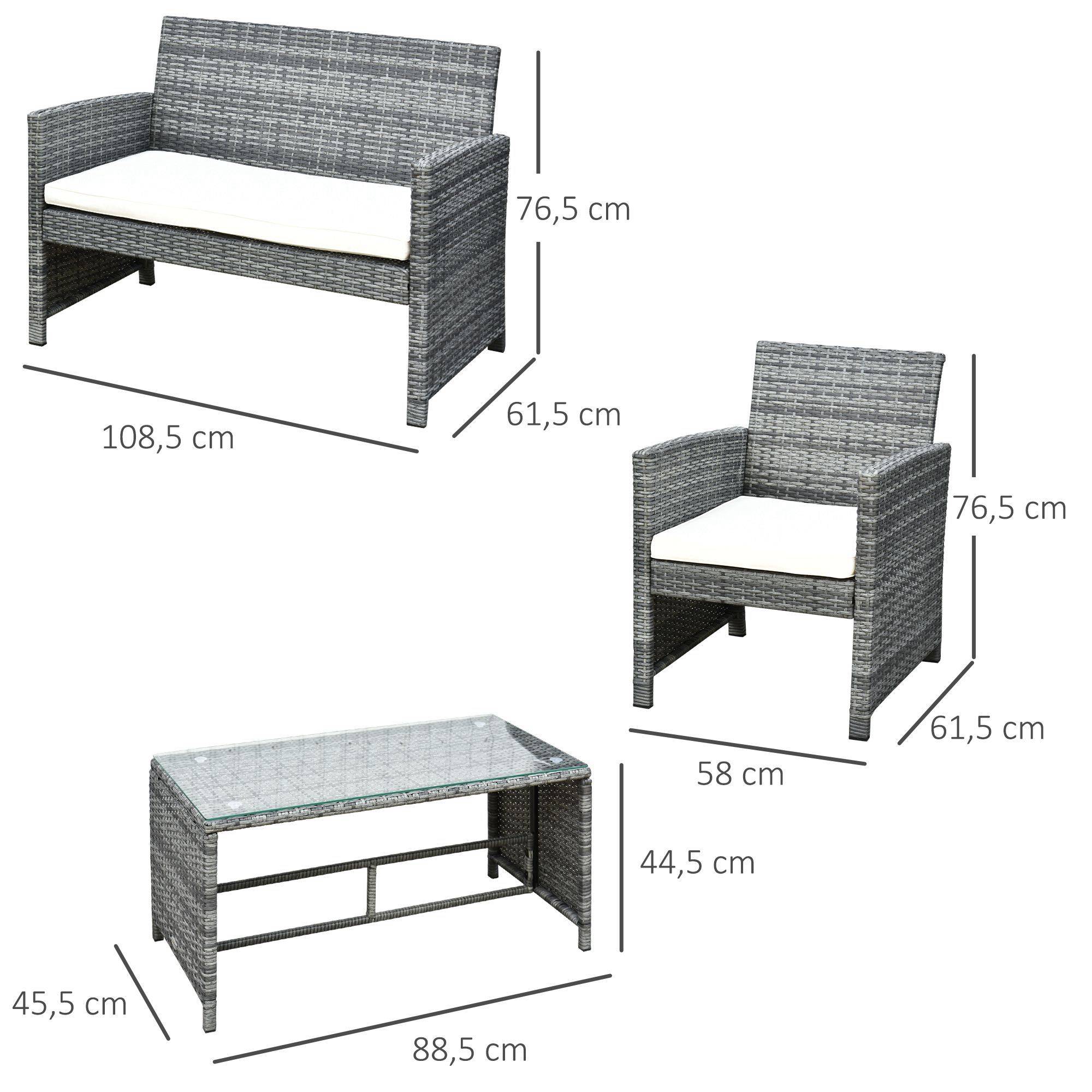Outsunny - Ensemble salon de jardin 4 places canapé 2 fauteuils table basse plateau verre trempé résine tressée imitation rotin gris coussins crème - Outsunny - Image 3