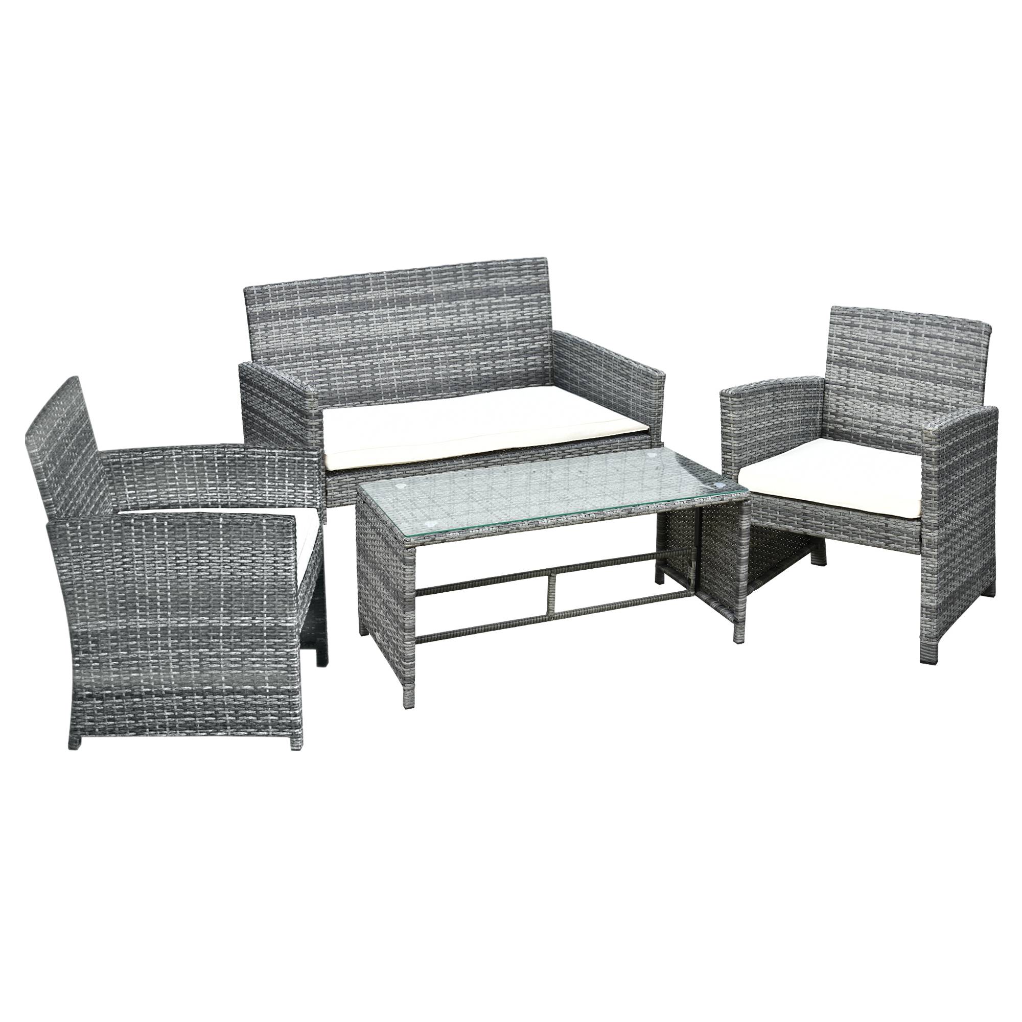 Outsunny - Ensemble salon de jardin 4 places canapé 2 fauteuils table basse plateau verre trempé résine tressée imitation rotin gris coussins crème - Outsunny - Image 1