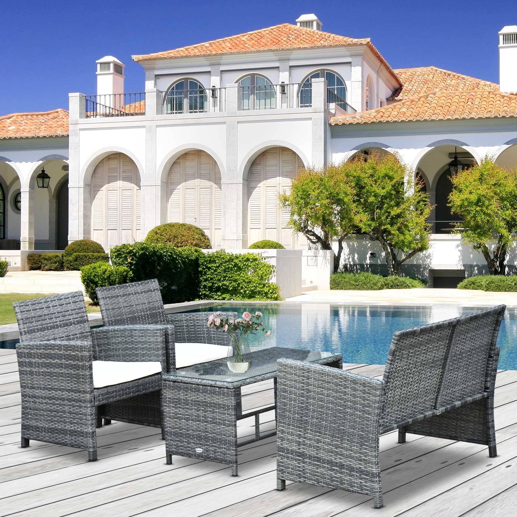 Outsunny - Ensemble salon de jardin 4 places canapé 2 fauteuils table basse plateau verre trempé résine tressée imitation rotin gris coussins crème - Outsunny - Image 2