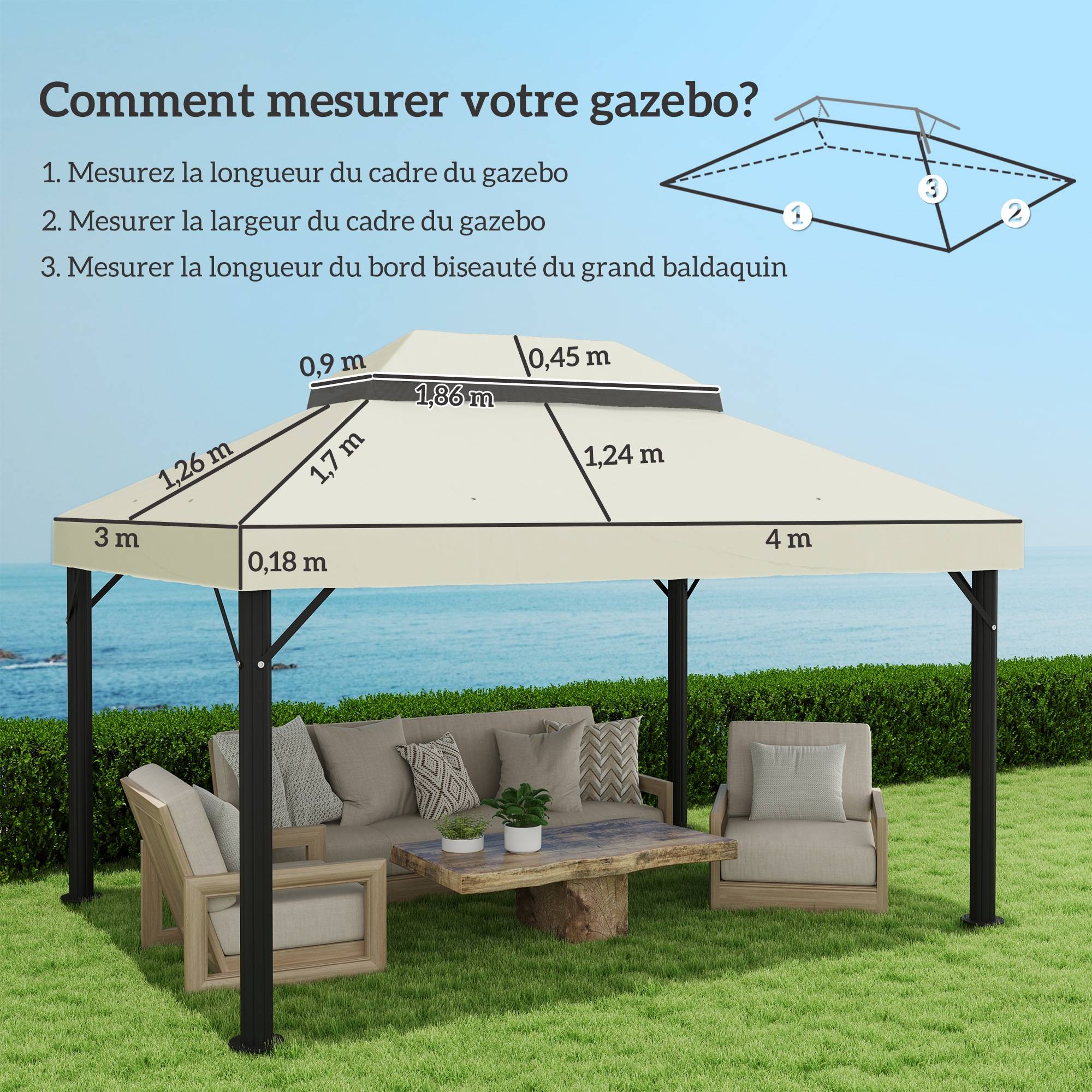 Toile pour tonnelle toile de rechange pour tonnelle à 2 niveaux protection UPF30+ trous de drainage 4 x 3 m crème - Image 5