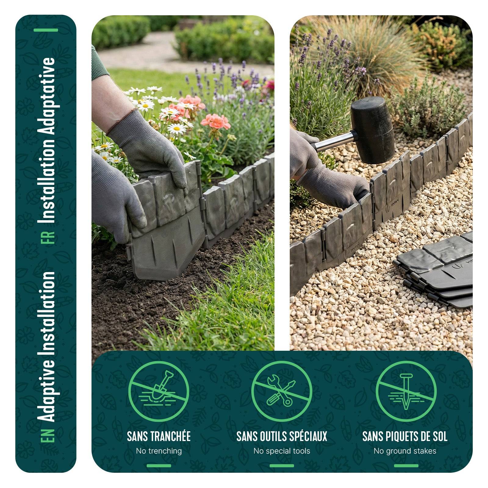 Bordure de jardin imitation pierre 10.7m gris - Hauteur 14cm - Clôture gazon décorative ultra résistant - Lot de 70 - VOUNOT® - Image 6