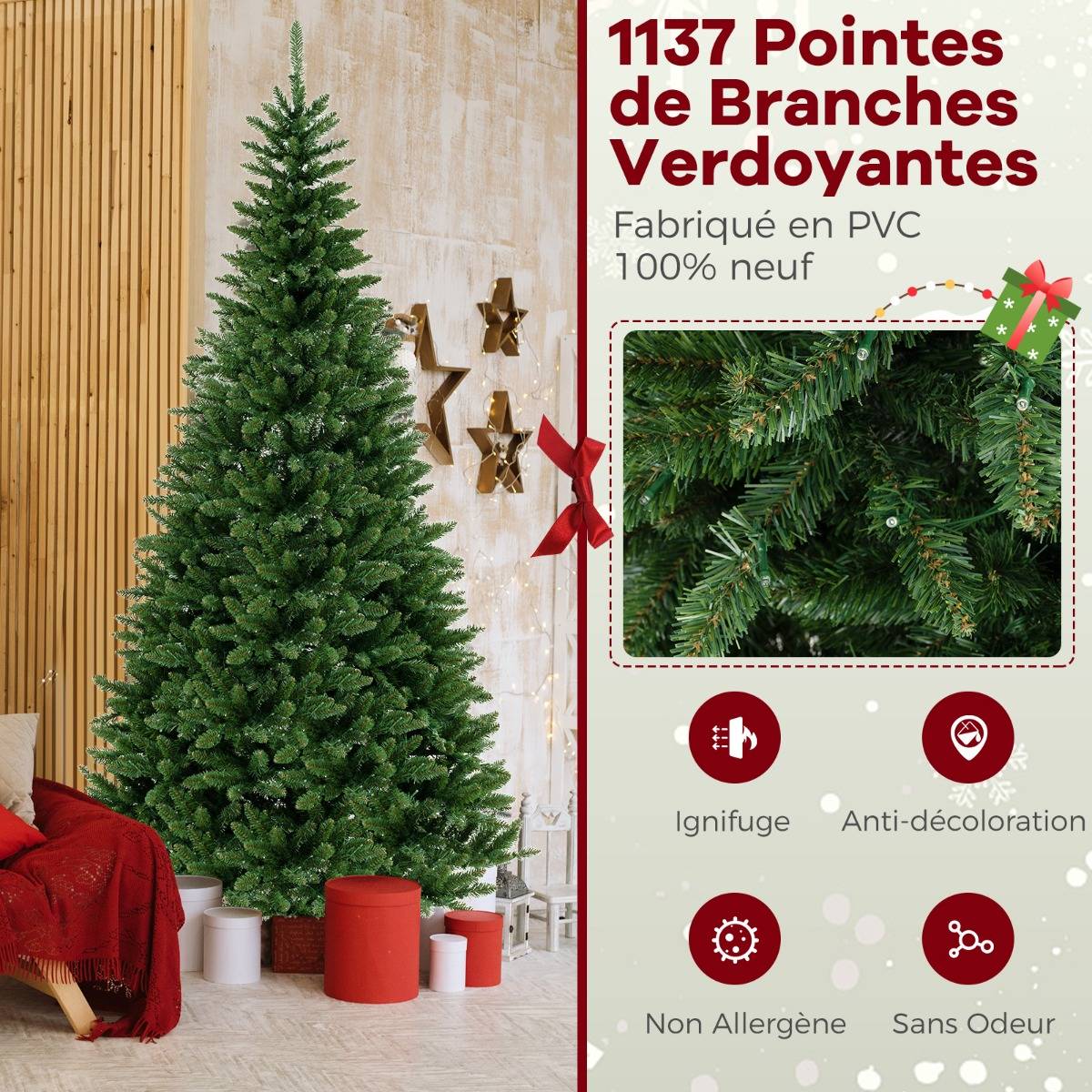 Sapin de Noël - Arbre de Noël Artificiel d'Angle à 270° de 240 cm Pré-éclairé à Charnière 1137 Branches 360 Lumières LED Blanc Chaud - Image 6