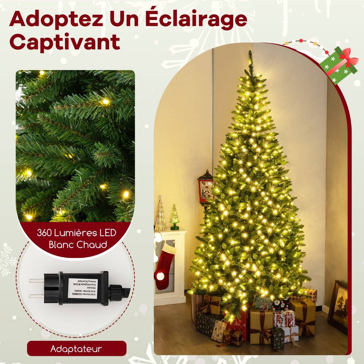Sapin de Noël - Arbre de Noël Artificiel d'Angle à 270° de 240 cm Pré-éclairé à Charnière 1137 Branches 360 Lumières LED Blanc Chaud - Image 7