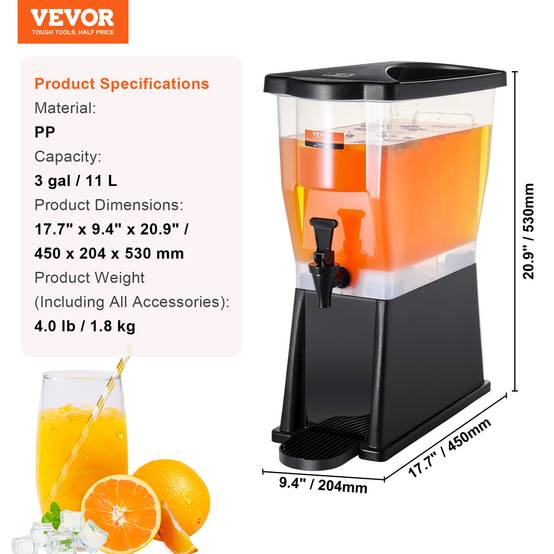 VEVOR Distributeur boissons 11 L, plastique, robinet, couvercle. Jus, limonade. - Image 7