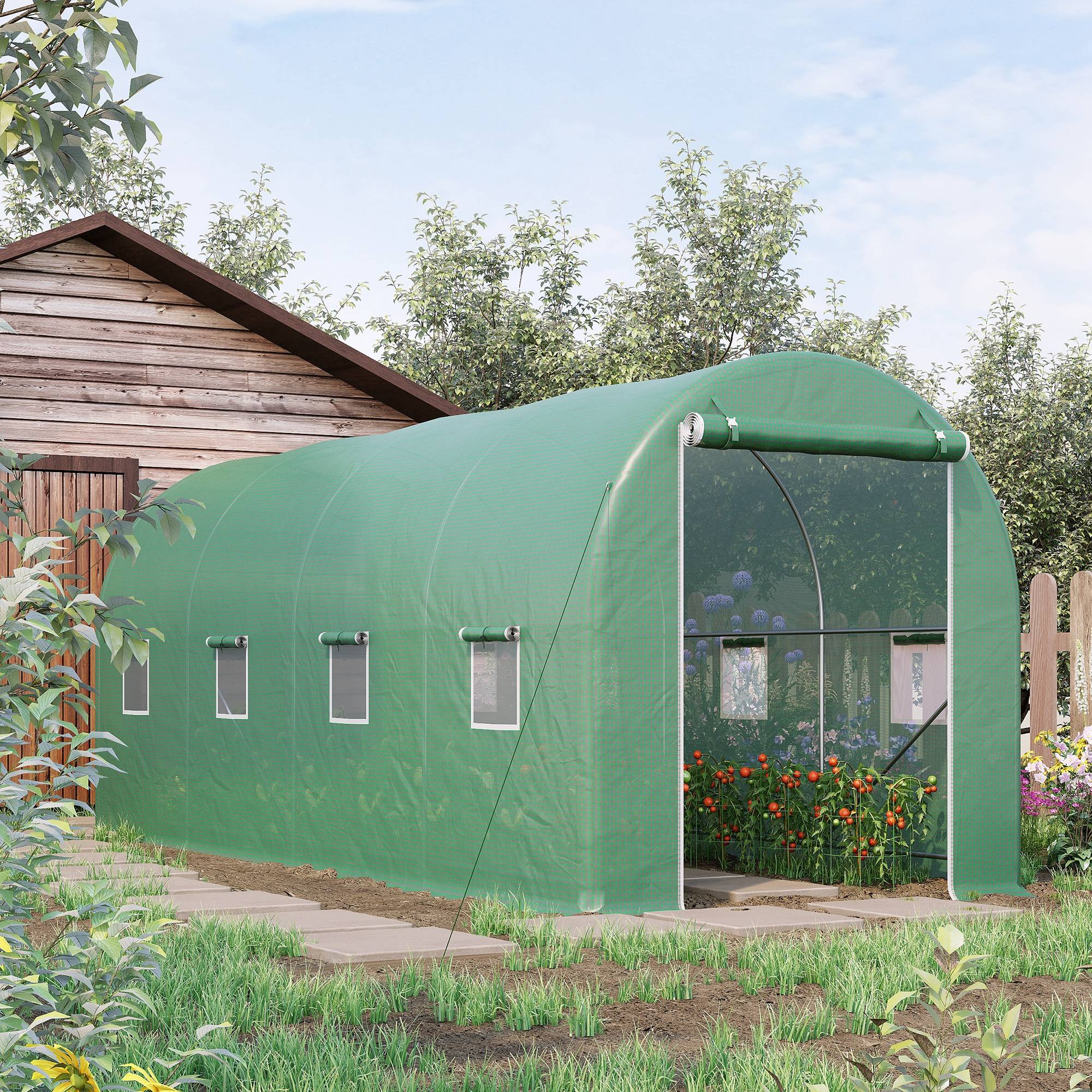 ComfortXL - Serre tunnel de jardin acier thermolaqué 500 x 200 x 205 cm verte pour potager 8 fenêtres - ComfortXL Outdoor Living - Image 1