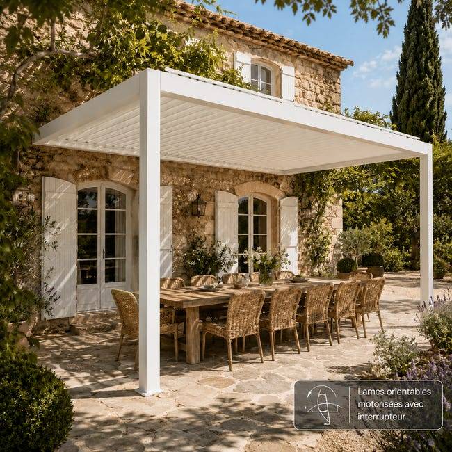 Pergola Bioclimatique Aluminium Adossée Motorisée Éclairée 5x3,5 Blanc SV ORIAL France - Image 4