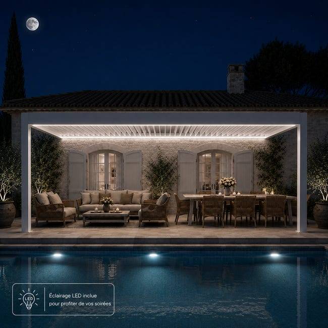 Pergola Bioclimatique Aluminium Adossée Motorisée Éclairée 5x3,5 Blanc SV ORIAL France - Image 3