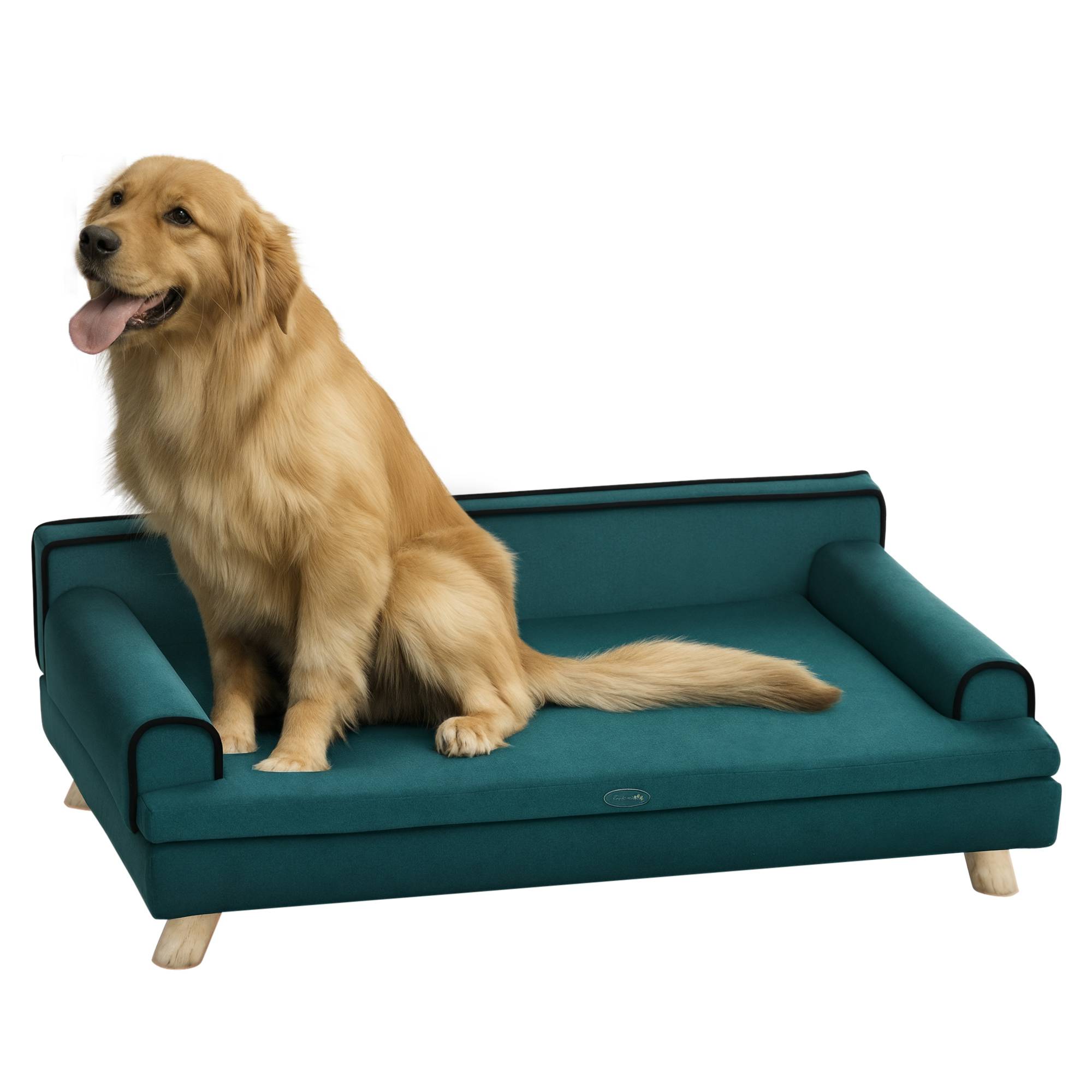 Canapé pour chien chat design scandinave coussin moelleux amovible pieds bois massif 100 x 62 x 32 cm bleu canard - Image 1