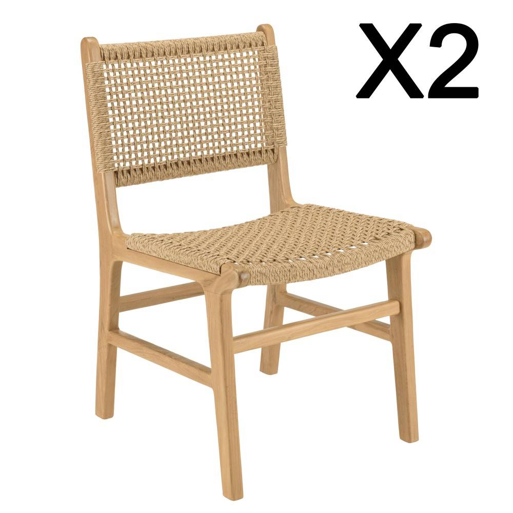Macabane - VALERIA - Lot de 2 chaises jardin en bois de teck naturel rotin beige - Image 10
