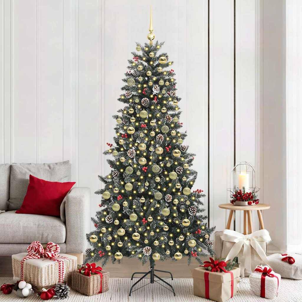 ComfortXL - Sapin de Noël Lumineux 210cm Pré-illuminé 300 LED, Vert Enneigé avec 120 Boules et Baies Rouges – ComfortXL Outdoor Living - Image 1