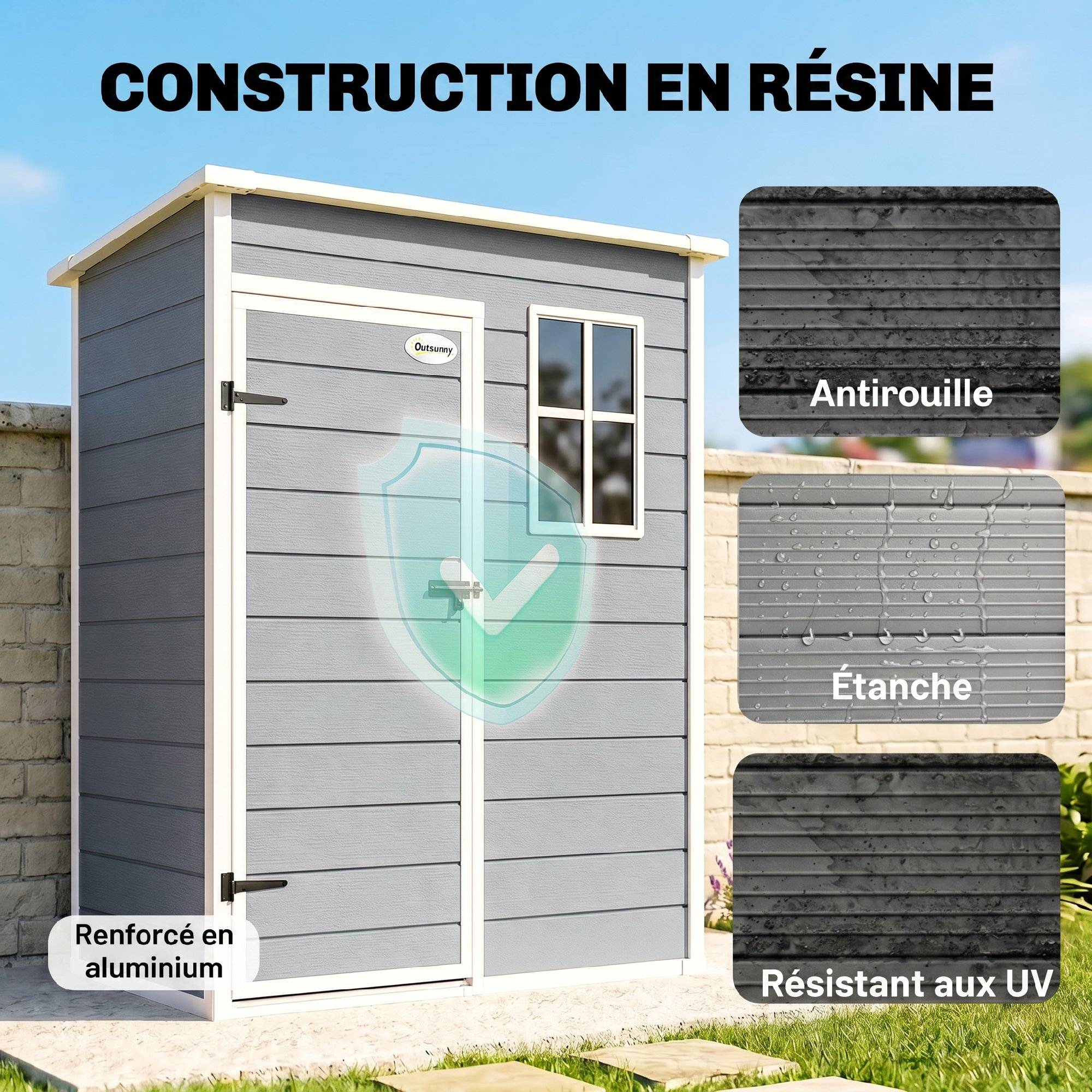 Sans Marque - Abri de jardin 1,14 m² pour outils - porte verrouillable, aération et fenêtre - dim. 151L x 92l x 193H cm - plastique, gris - Image 6