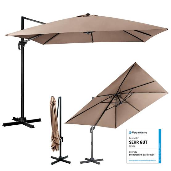 Parasol Déporté Inclinable 3x3M, Parasol de Jardin Extérieur Pliable, Base Croisée Rotatifà 360° Protection UV, Café - Image 1