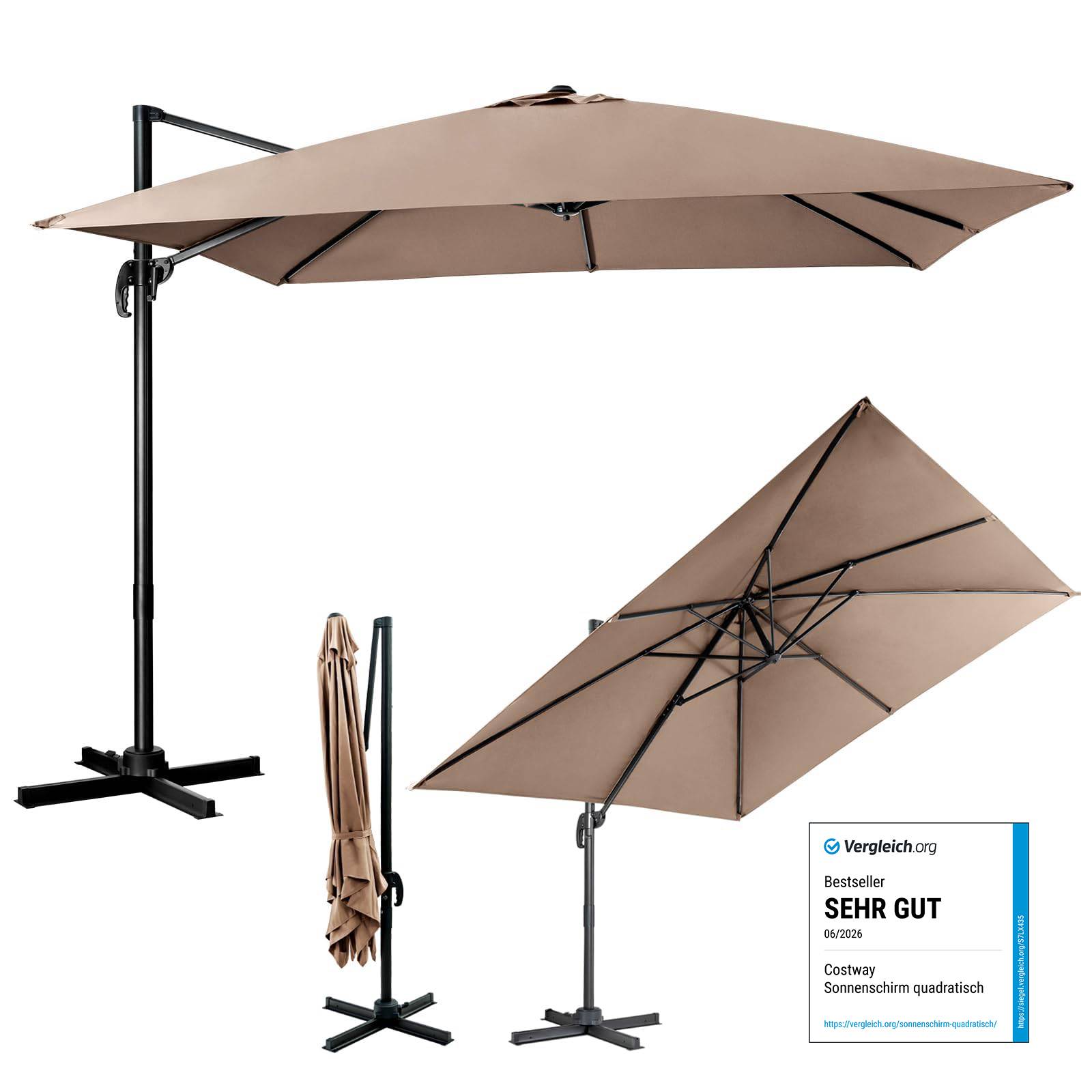 Parasol Déporté Inclinable 3x3M, Parasol de Jardin Extérieur Pliable, Base Croisée Rotatifà 360° Protection UV, Café - Image 1