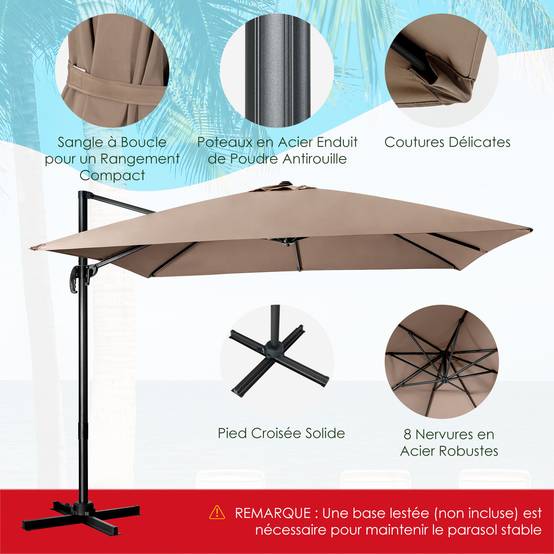 Parasol Déporté Inclinable 3x3M, Parasol de Jardin Extérieur Pliable, Base Croisée Rotatifà 360° Protection UV, Café - Image 6