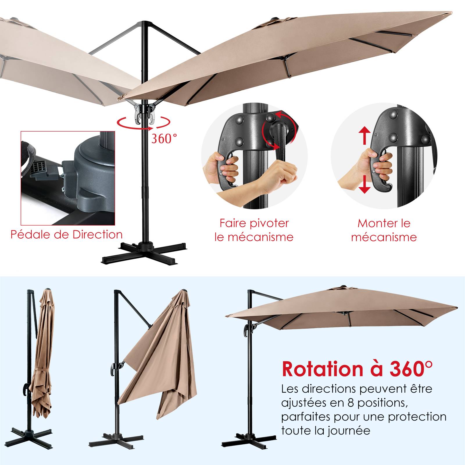 Parasol Déporté Inclinable 3x3M, Parasol de Jardin Extérieur Pliable, Base Croisée Rotatifà 360° Protection UV, Café - Image 8