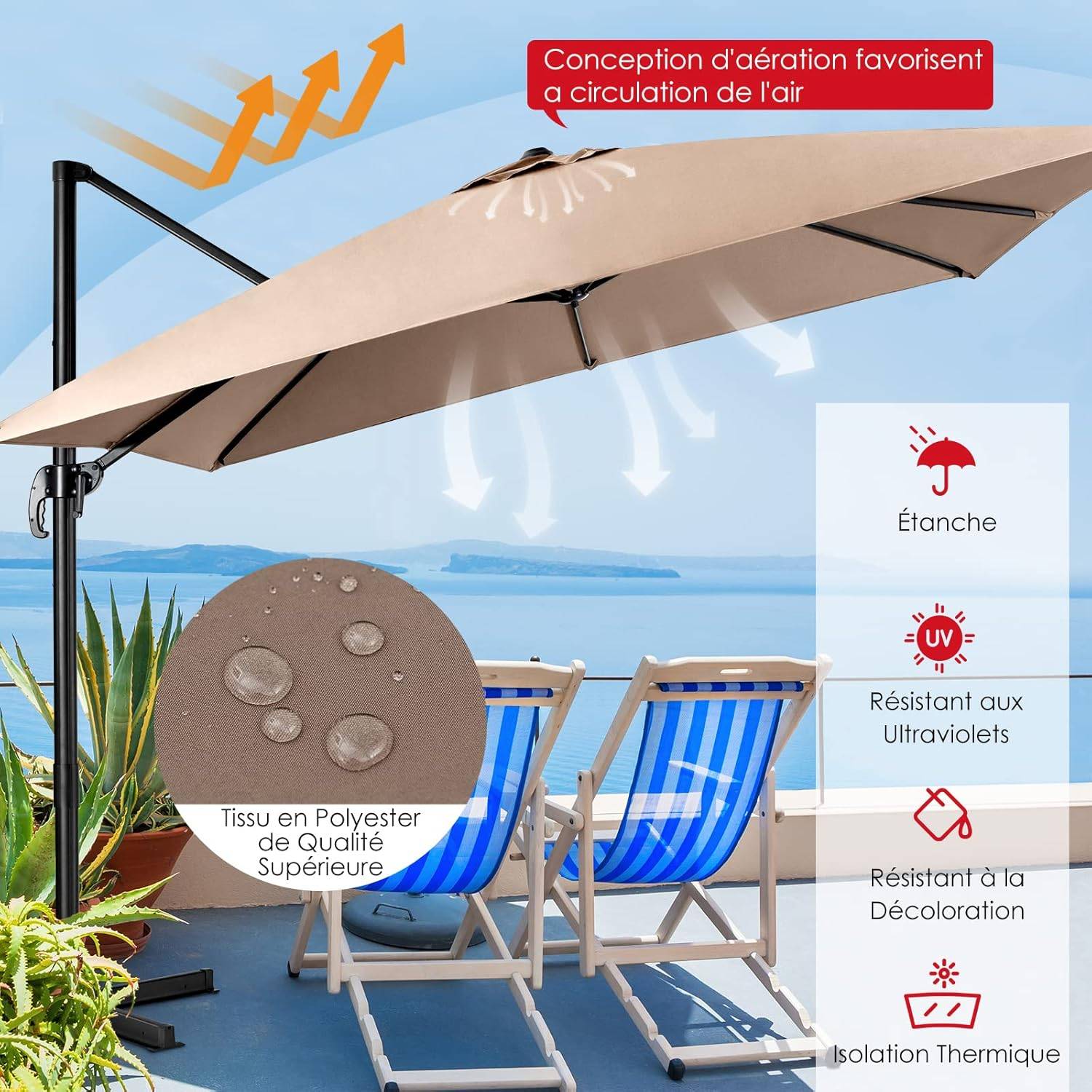 Parasol Déporté Inclinable 3x3M, Parasol de Jardin Extérieur Pliable, Base Croisée Rotatifà 360° Protection UV, Café - Image 5