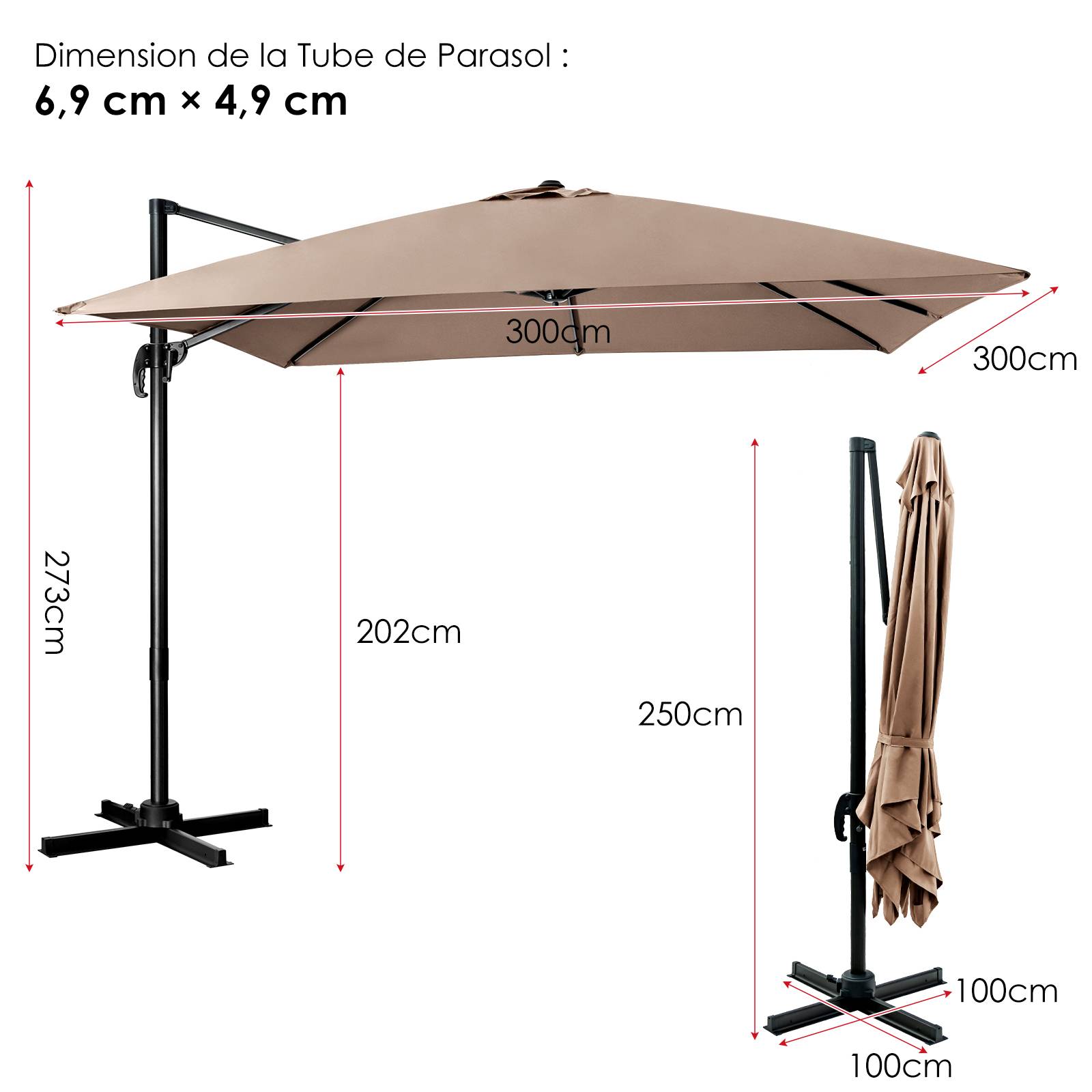Parasol Déporté Inclinable 3x3M, Parasol de Jardin Extérieur Pliable, Base Croisée Rotatifà 360° Protection UV, Café - Image 3