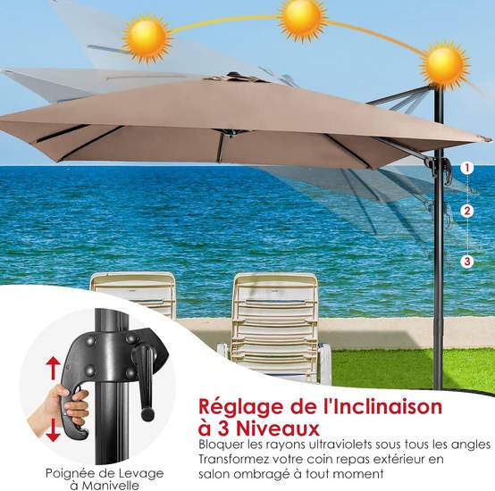 Parasol Déporté Inclinable 3x3M, Parasol de Jardin Extérieur Pliable, Base Croisée Rotatifà 360° Protection UV, Café - Image 4