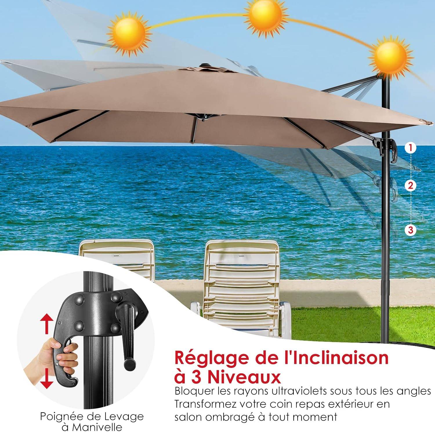 Parasol Déporté Inclinable 3x3M, Parasol de Jardin Extérieur Pliable, Base Croisée Rotatifà 360° Protection UV, Café - Image 4